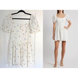 Wayf Mini Dress Medium NWT Ivory Seashell Print Puff Sleeve Sweetheart Neck